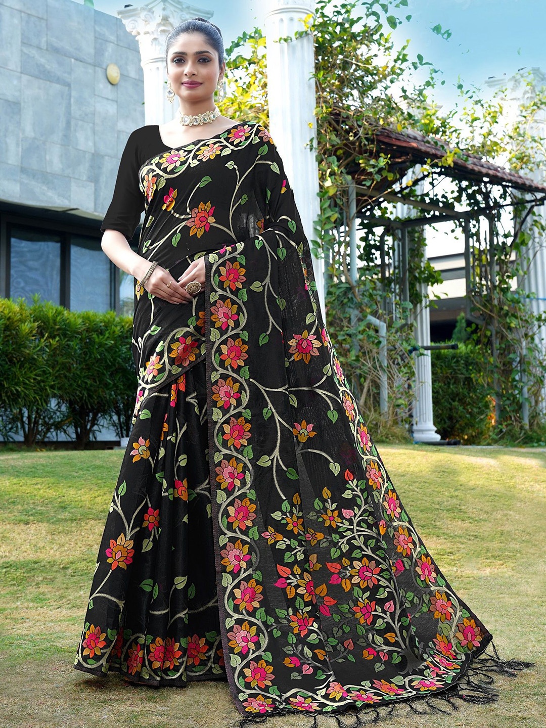 

MAHALASA Ethnic Motifs Printed Pure Cotton Ready to Wear Jamdani Saree, Black