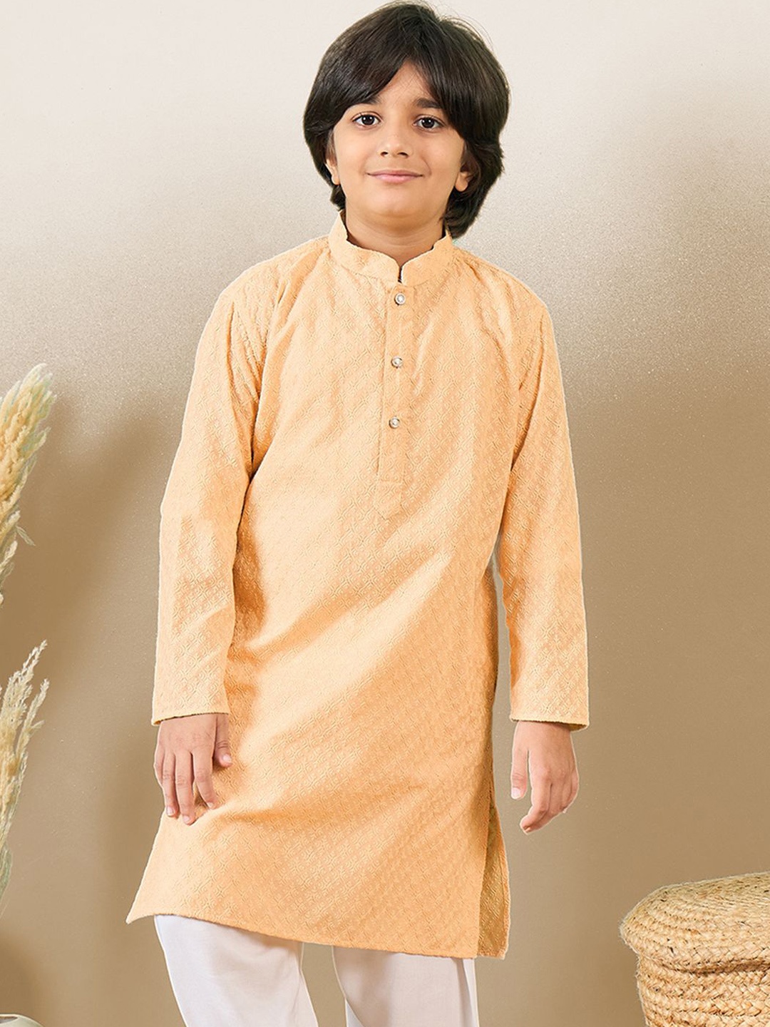 

YK Boys Cotton Embroidered Chikankari Kurta, Beige