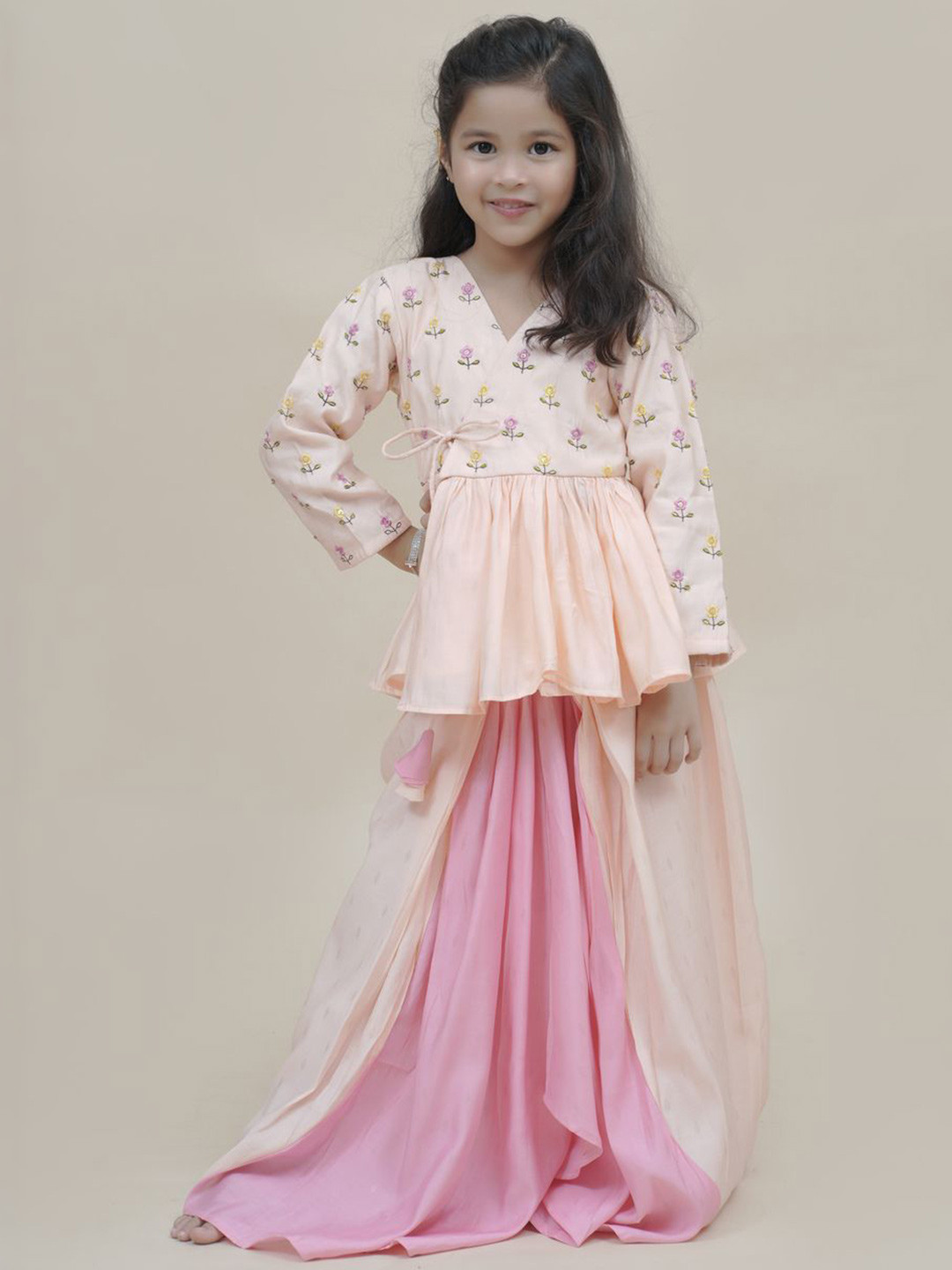 

Sangria Girls Pure Cotton Angrakha Top With Work Details & Draped Style Skirt, Peach
