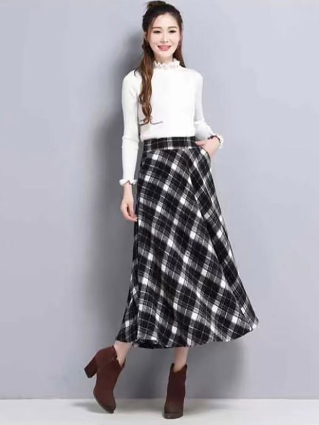 

StyleCast x Revolte Women Checked Pleated Midi Skirt, Grey