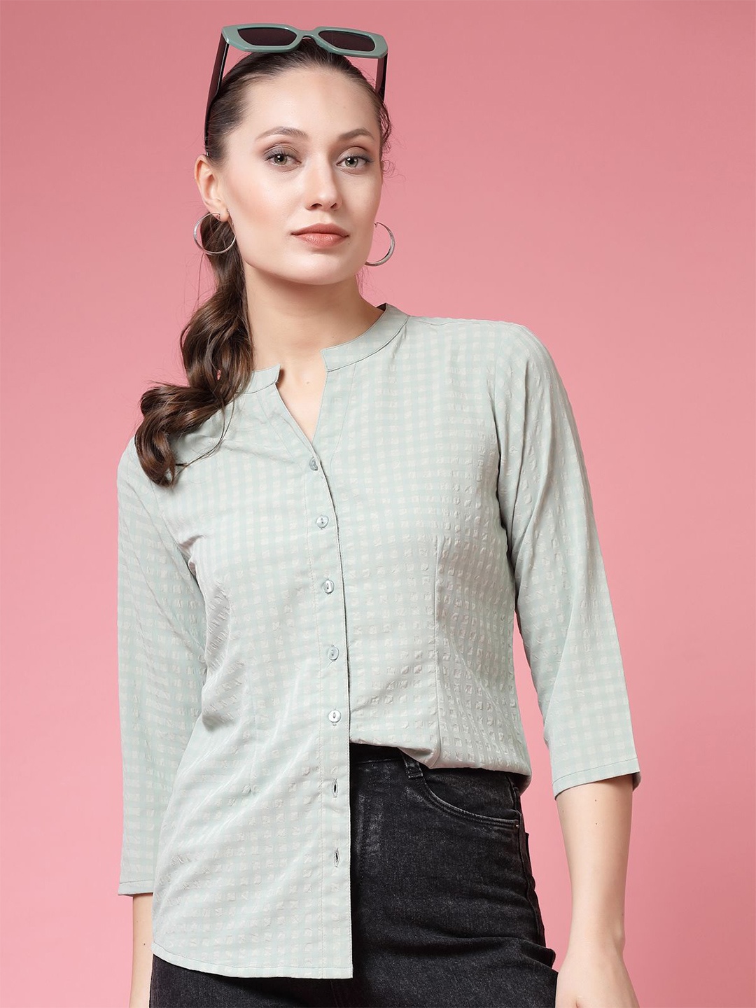 

BEING NAUGHTY Women Comfort Mandarin Collar Checked Casual Shirt, Sea green