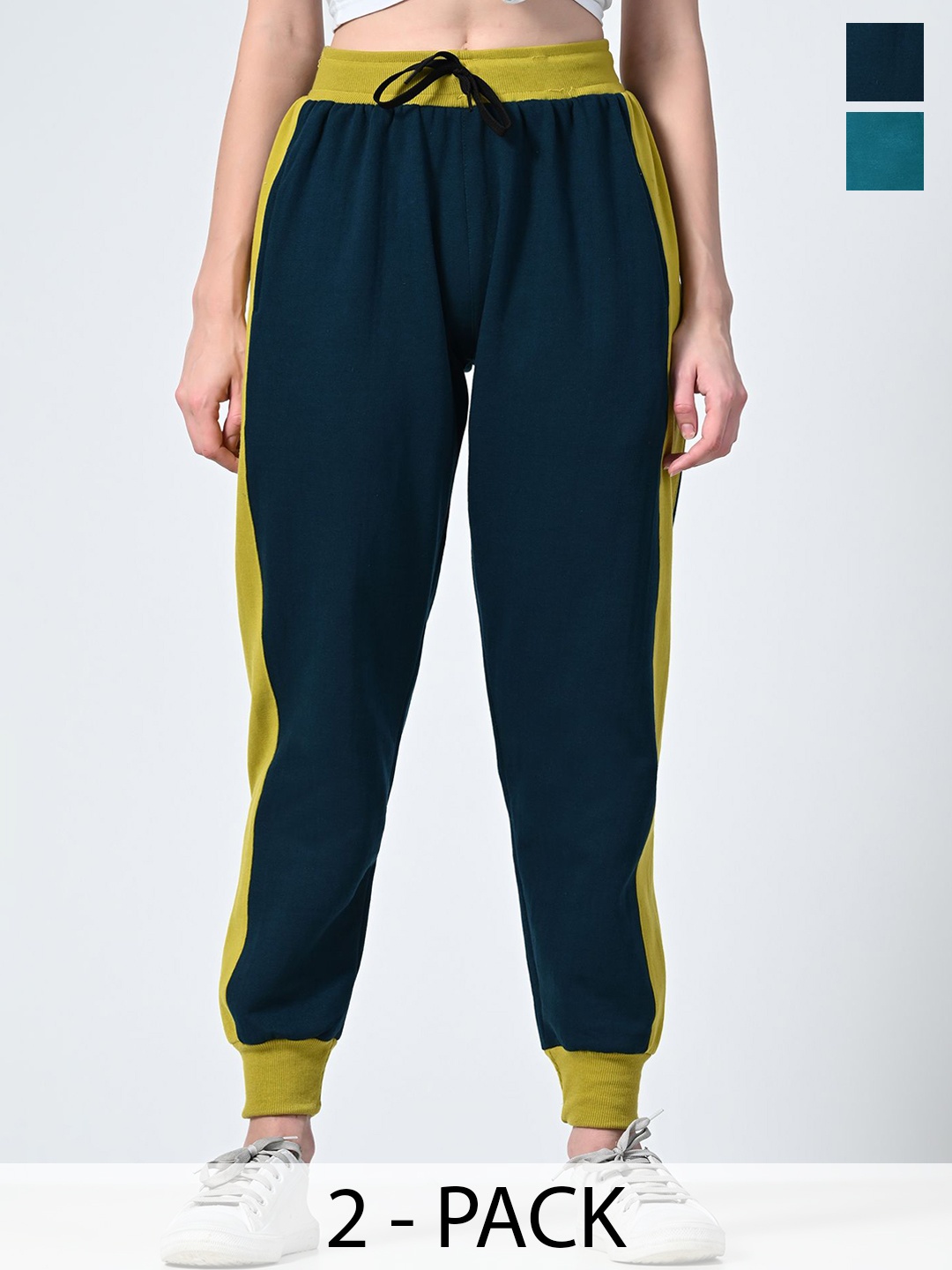 

BAESD Women Pack Of 2 Colourblocked Relaxed-Fit Joggers, Teal
