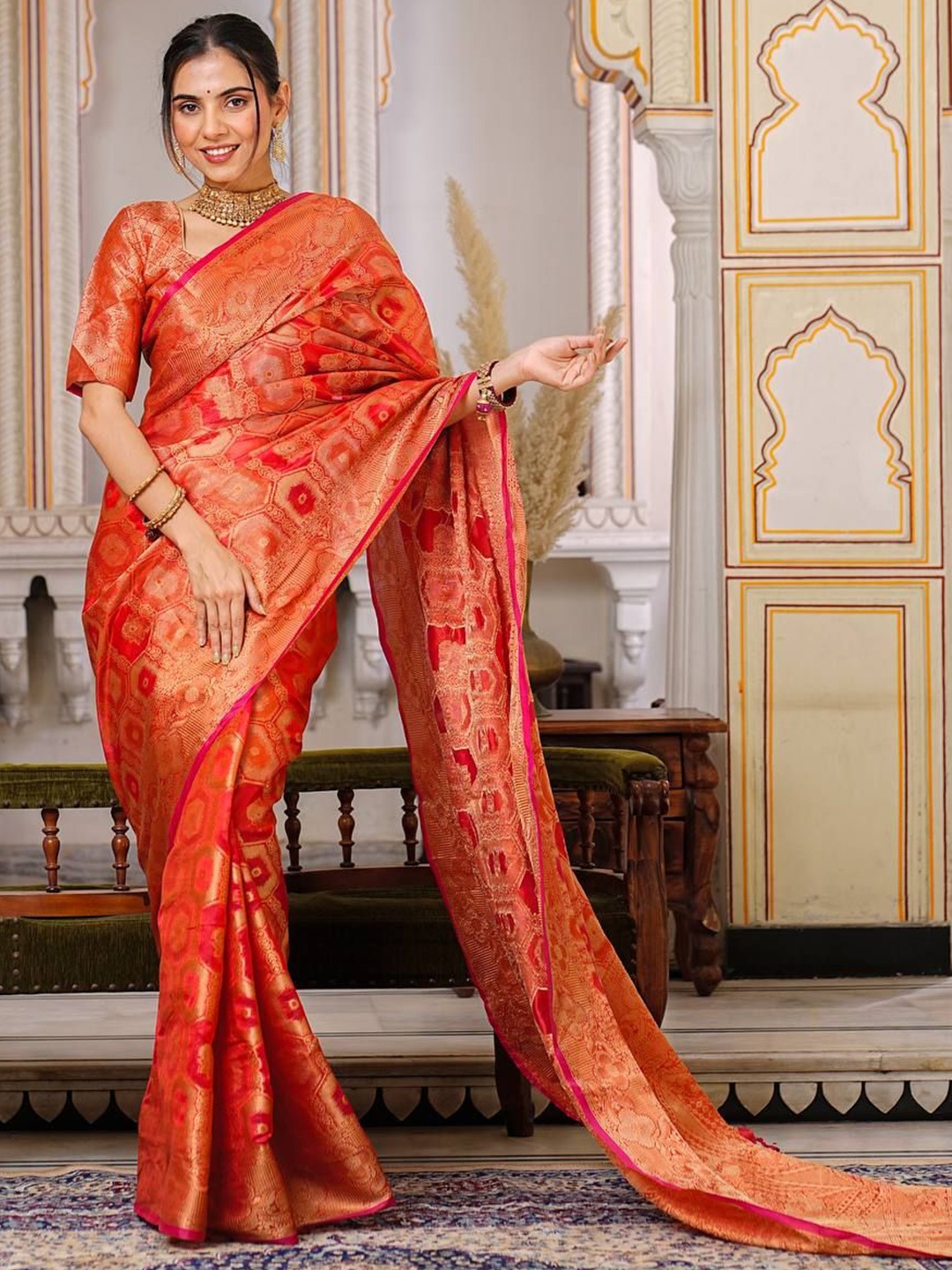 

AWRIYA Woven Design Zari Organza Banarasi Saree, Orange