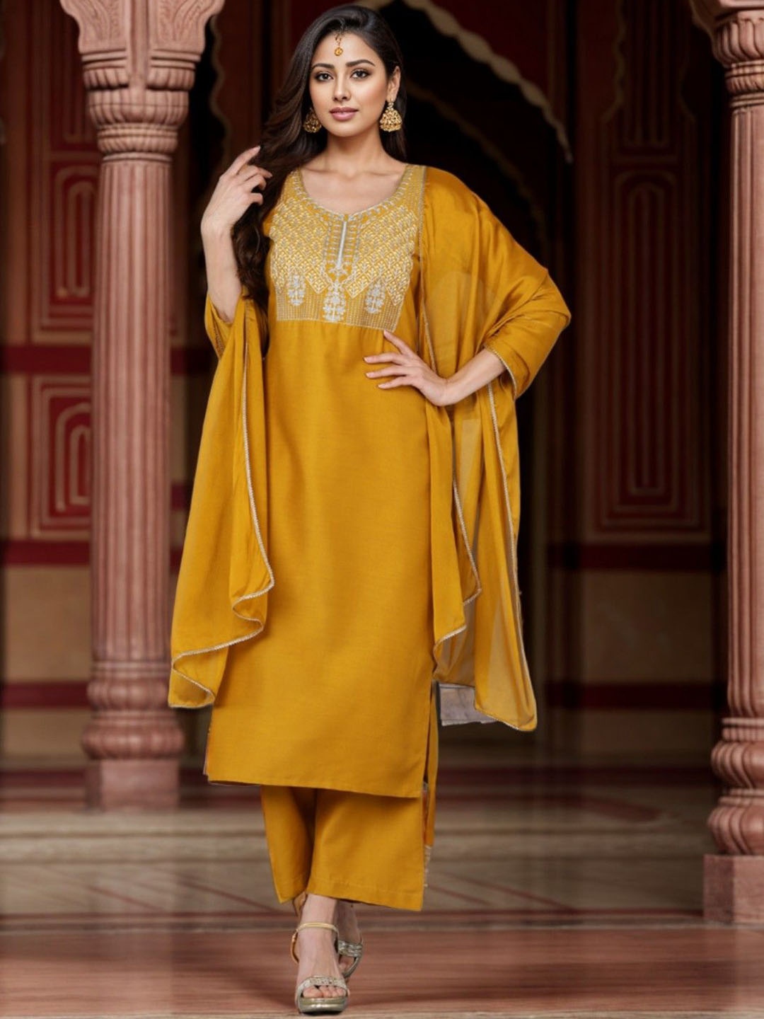 

KALINI Ethnic Motifs Embroidered Regular Zari Straight Kurta with Palazzos & Dupatta, Mustard