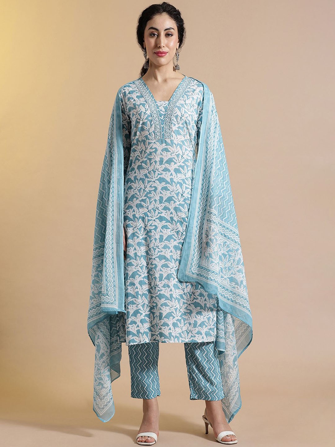 

STYLEBAAZI Women Floral Embroidered Thread Work Pure Cotton Kurta with Trousers & Dupatta, Blue