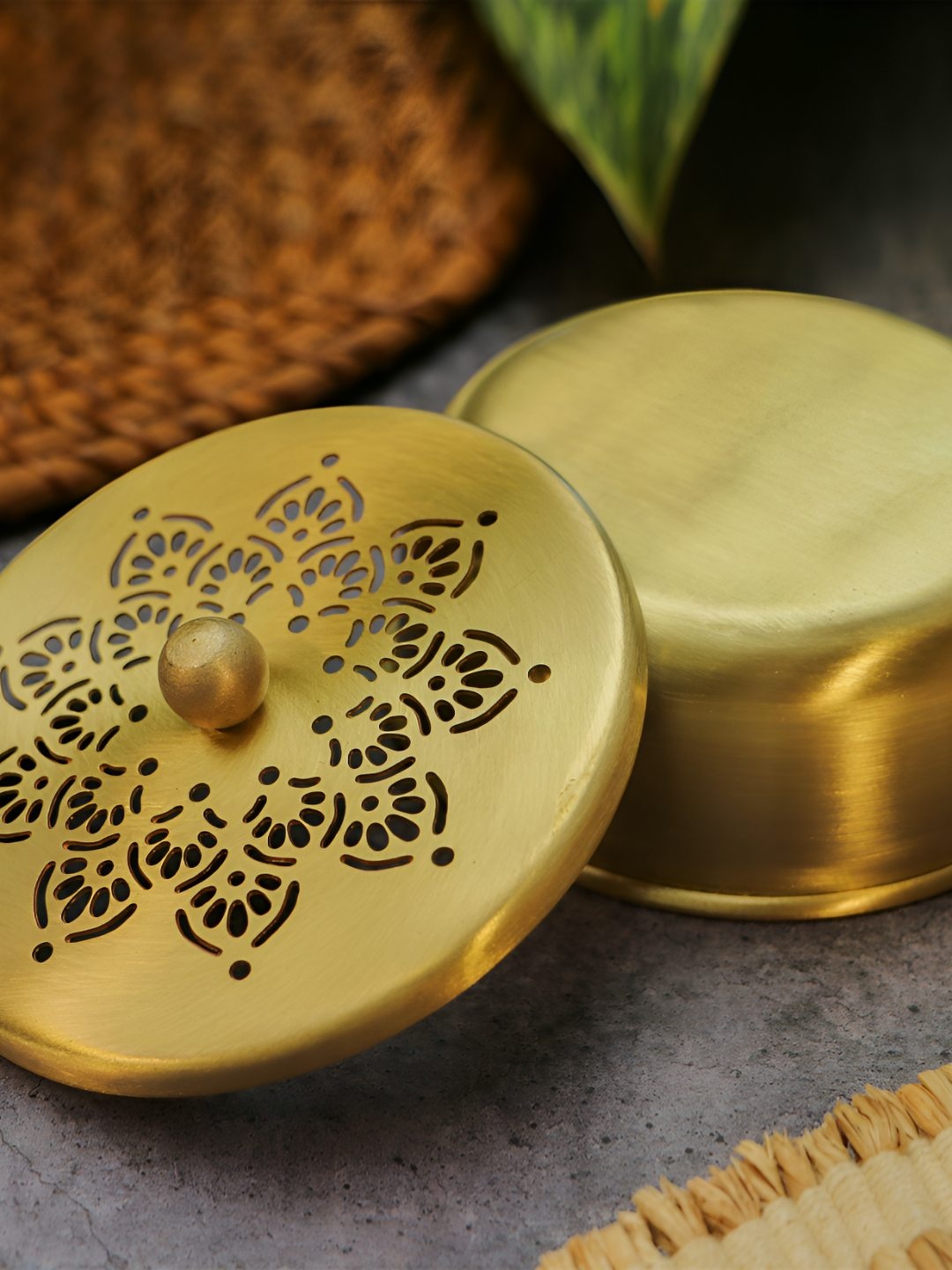 

Ambi Home Gold Toned Textured Inlay Spice And Nut Brass Storage Box