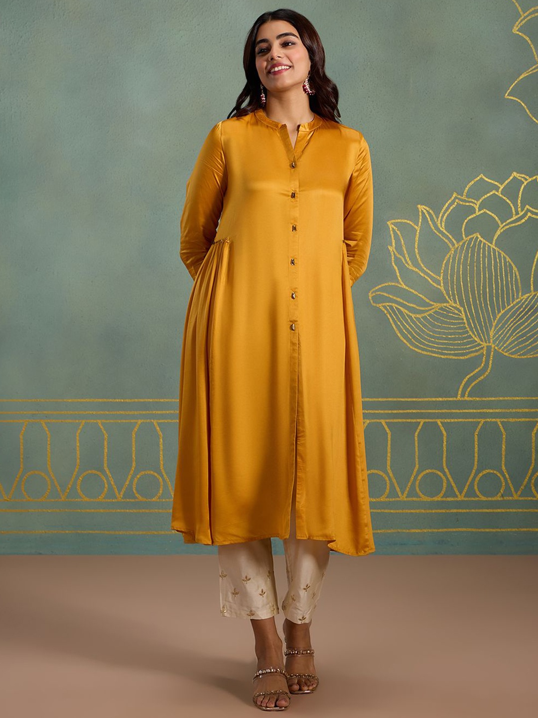 

Likha Women Mandarin Collar A-Line Kurta, Mustard