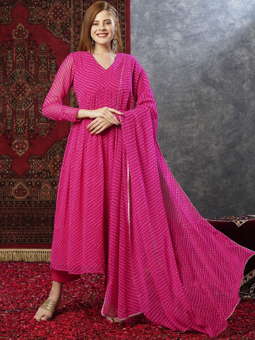 

GoSriKi Leheriya Printed Empire Anarkali Kurta With Trouser & Dupatta, Pink