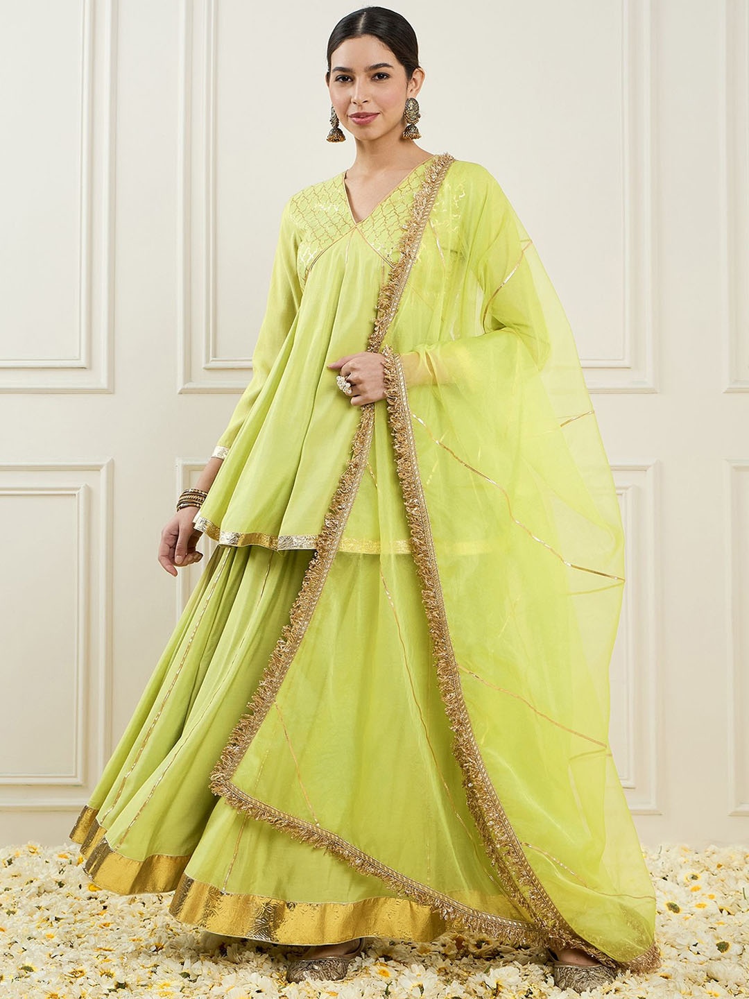 

ADORNIA Empire V-Neck Chanderi Silk A-Line Kurta with Palazzo & Dupatta, Green