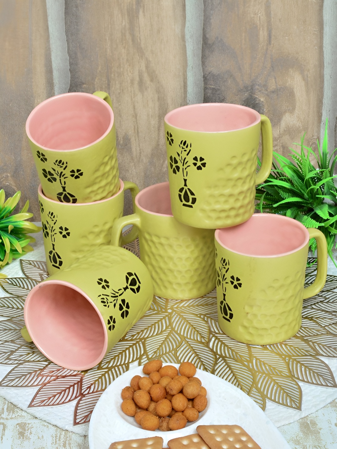 

FABINALIV Yellow & Pink 6 Pieces Textured Ceramic Matte Mugs 300 ml