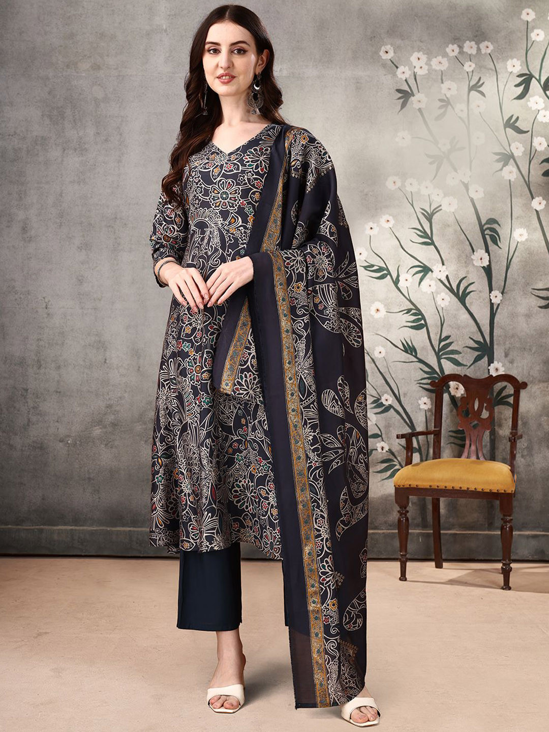

KALINI Floral Printed Anarkali Kurta with Palazzos & Dupatta, Grey