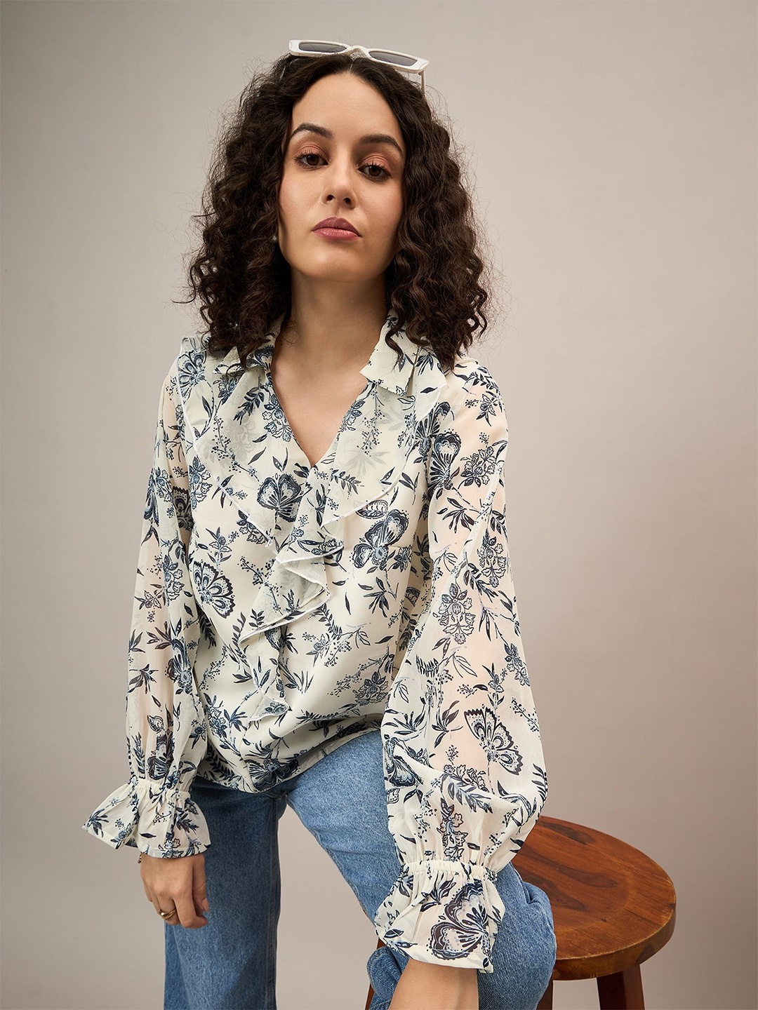 

The Roadster Lifestyle Co. Ruffled Floral Printed Shirt Style Top, Off white