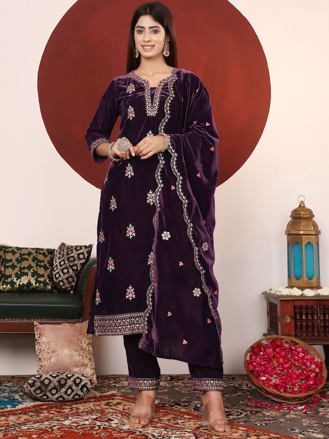 

Varanga Floral Embroidered Regular Velvet Straight Kurta with Palazzos & Dupatta, Purple