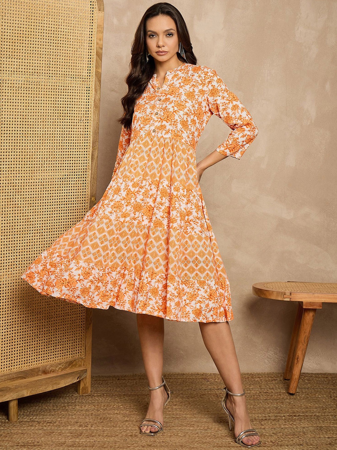 

BAESD Women Floral Print A-Line Dress, Orange