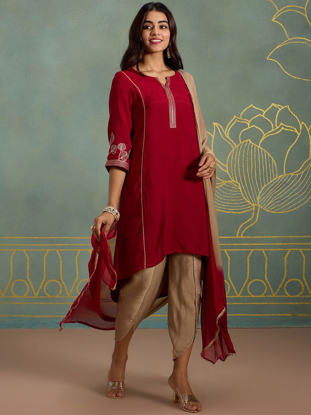 

Likha Floral Embroidered Zari Pure Silk A Line Kurta with Pyjamas & Dupatta, Maroon