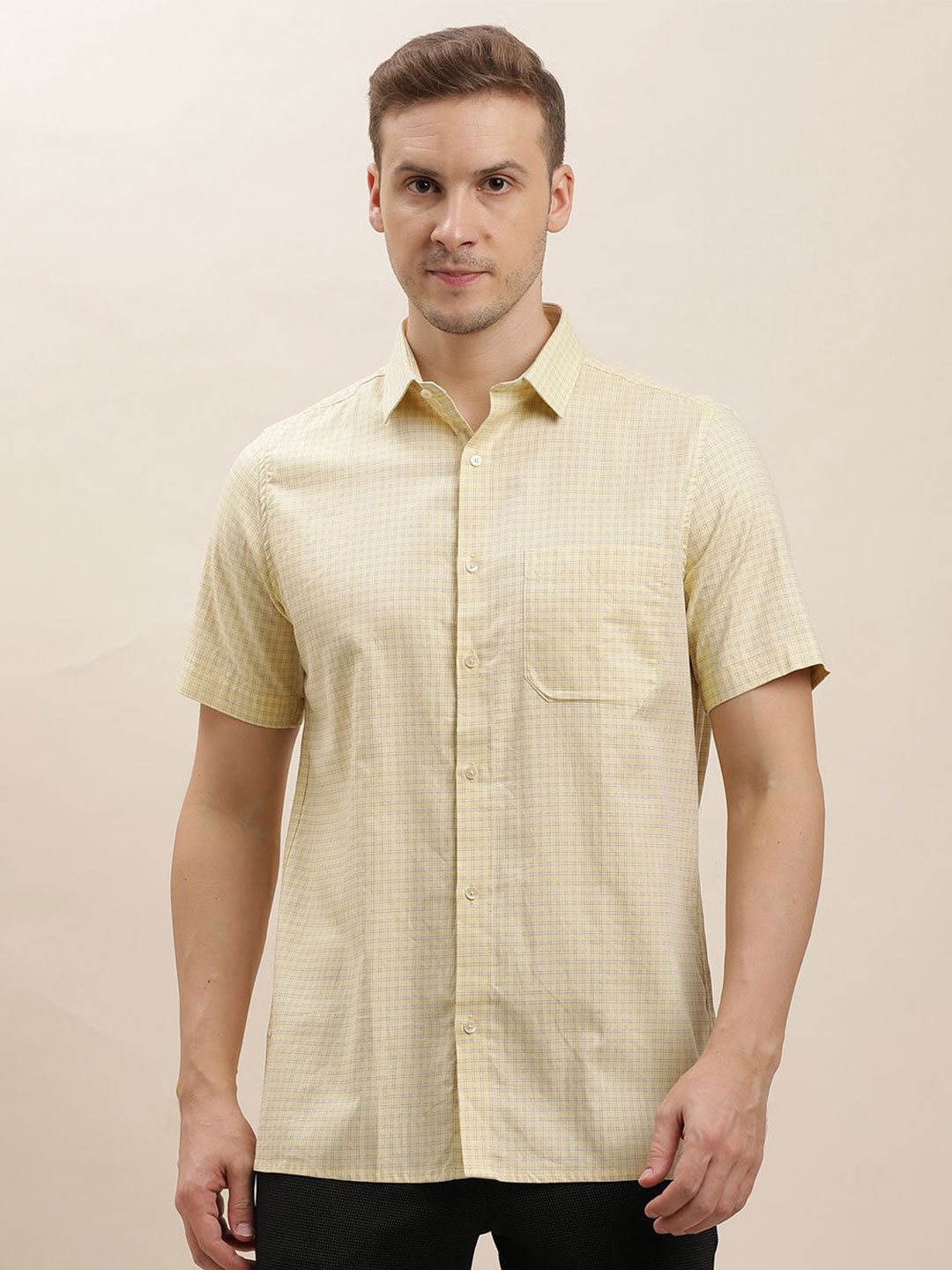 

Turtle Men Classic Spread Collar Micro Checked Cotton Formal Shirt, Beige