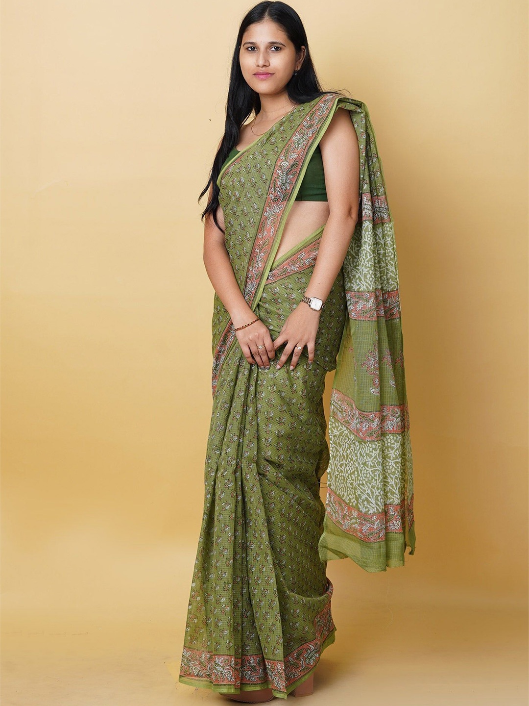 

Unnati Silks Ethnic Motifs Pure Cotton Handloom Block Print Saree, Green