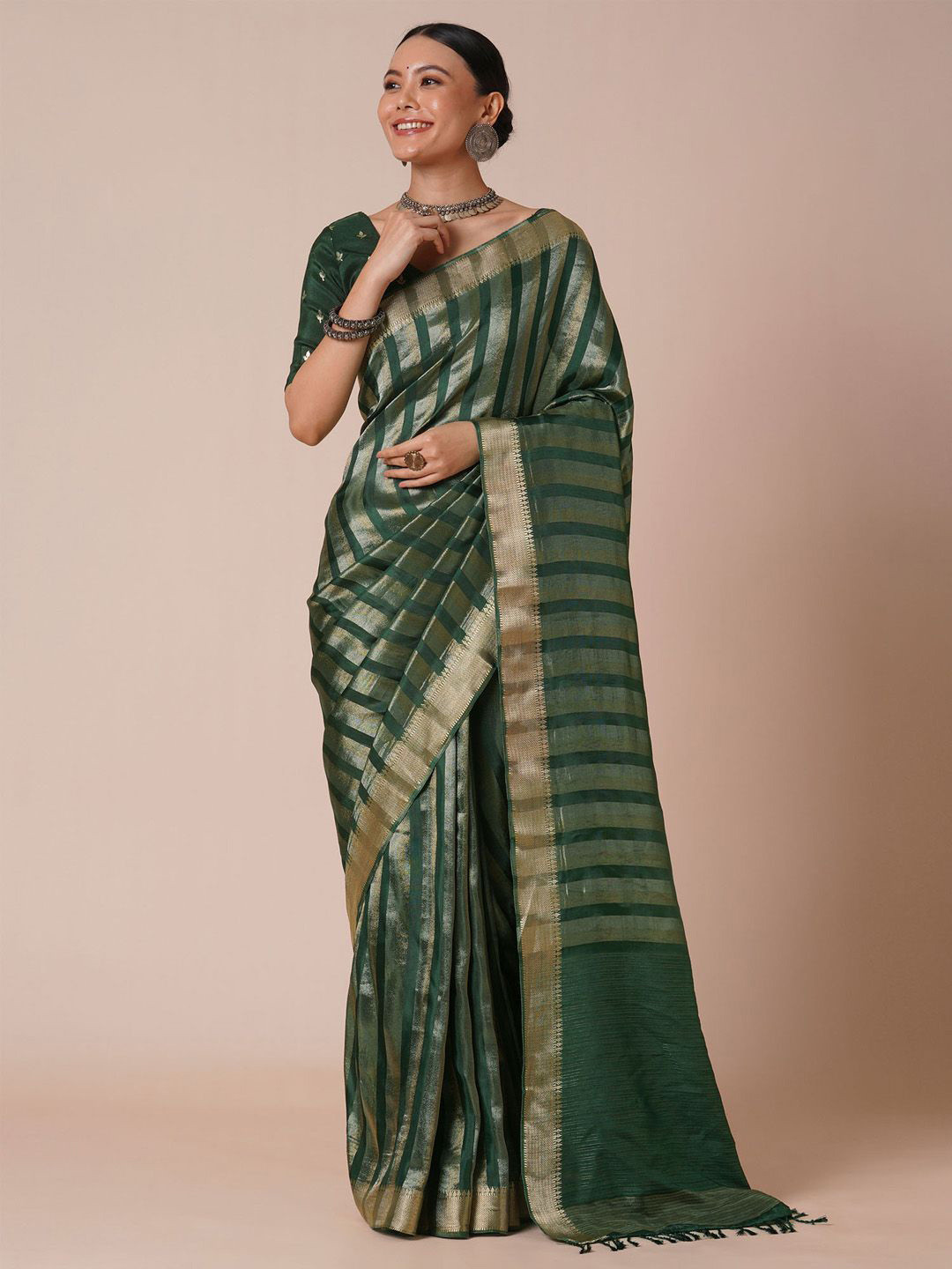 

House of Pataudi Woven Design Banarasi Viscose silk Saree, Green