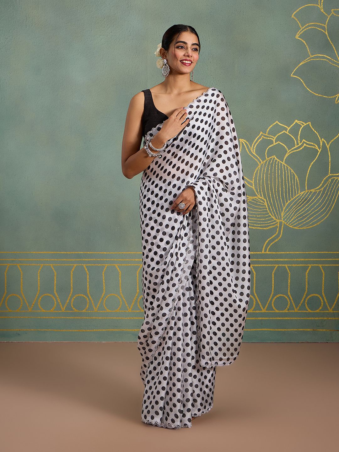 

Likha Beads and Stones Embellished Border Polka Dot Printed Saree, White