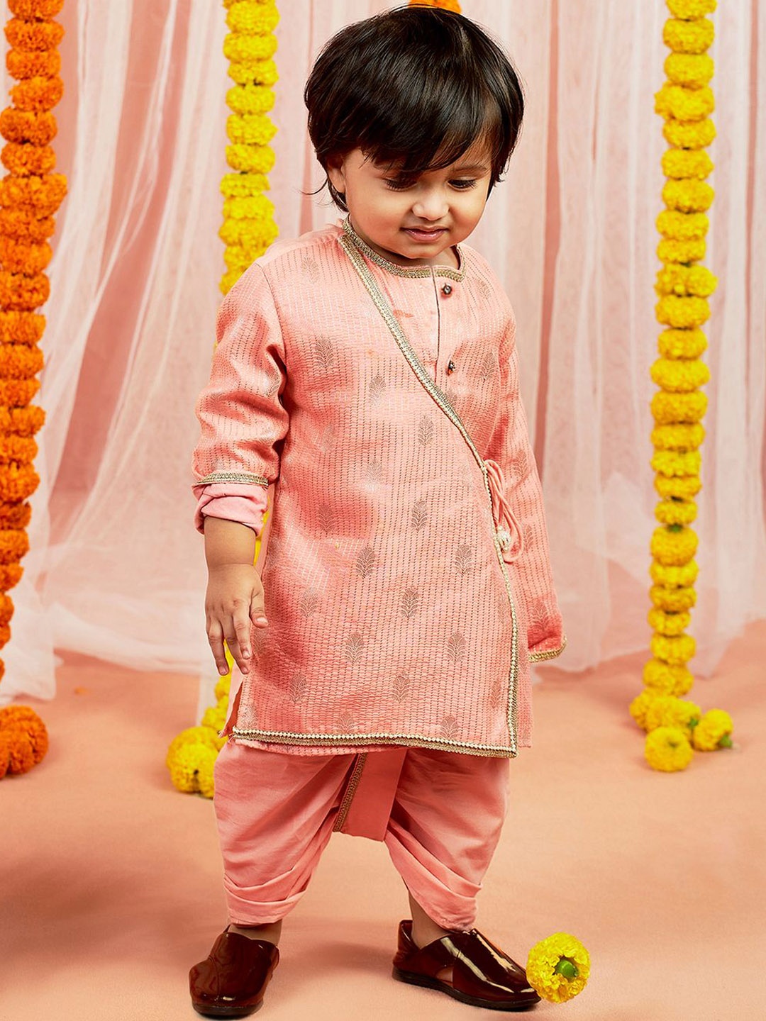 

VASTRAMAY Boys Floral Embroidered Tiered Kantha Work Kurta with Dhoti Pants, Pink