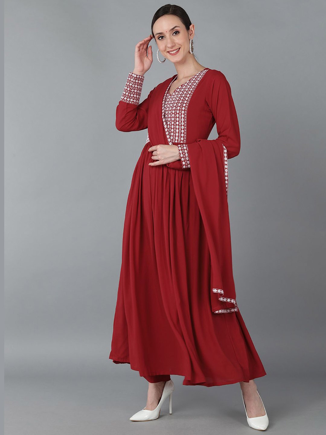 

KALINI Floral Embroidered Empire Sequinned Kurta With Trousers & Dupatta, Red
