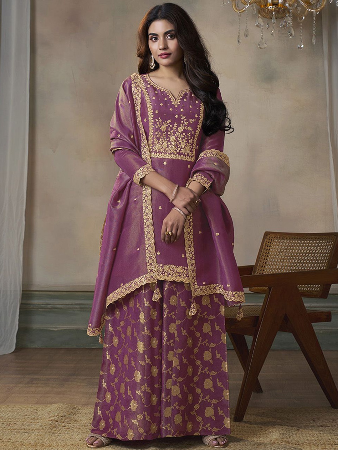 

Seerat Women Floral Embroidered Regular Kurti with Sharara & Dupatta, Purple