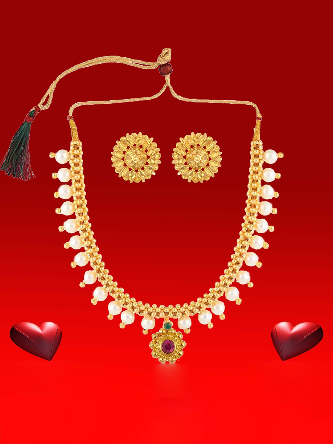 

Heer Collection Gold Plated Stone Studded & Beadded Antique Jewellery Set