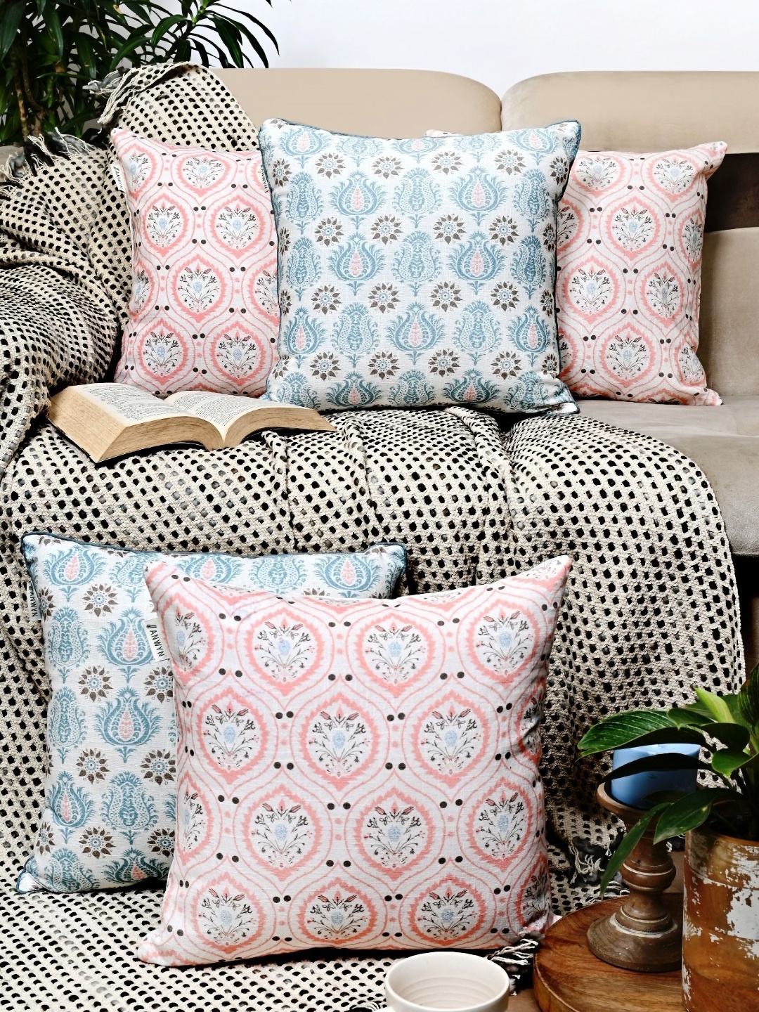 

ANWYN Blue & Pink 5 Pieces Ethnic Motifs Cotton Square Cushion Covers