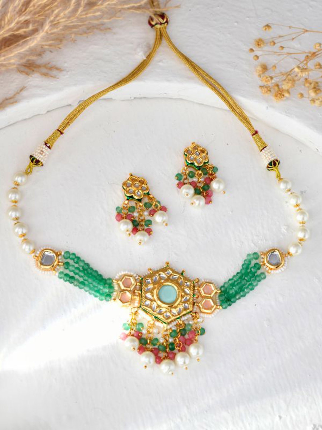 

DASTOOR Gold Plated Stone Studded & Beaded Jewellery Set