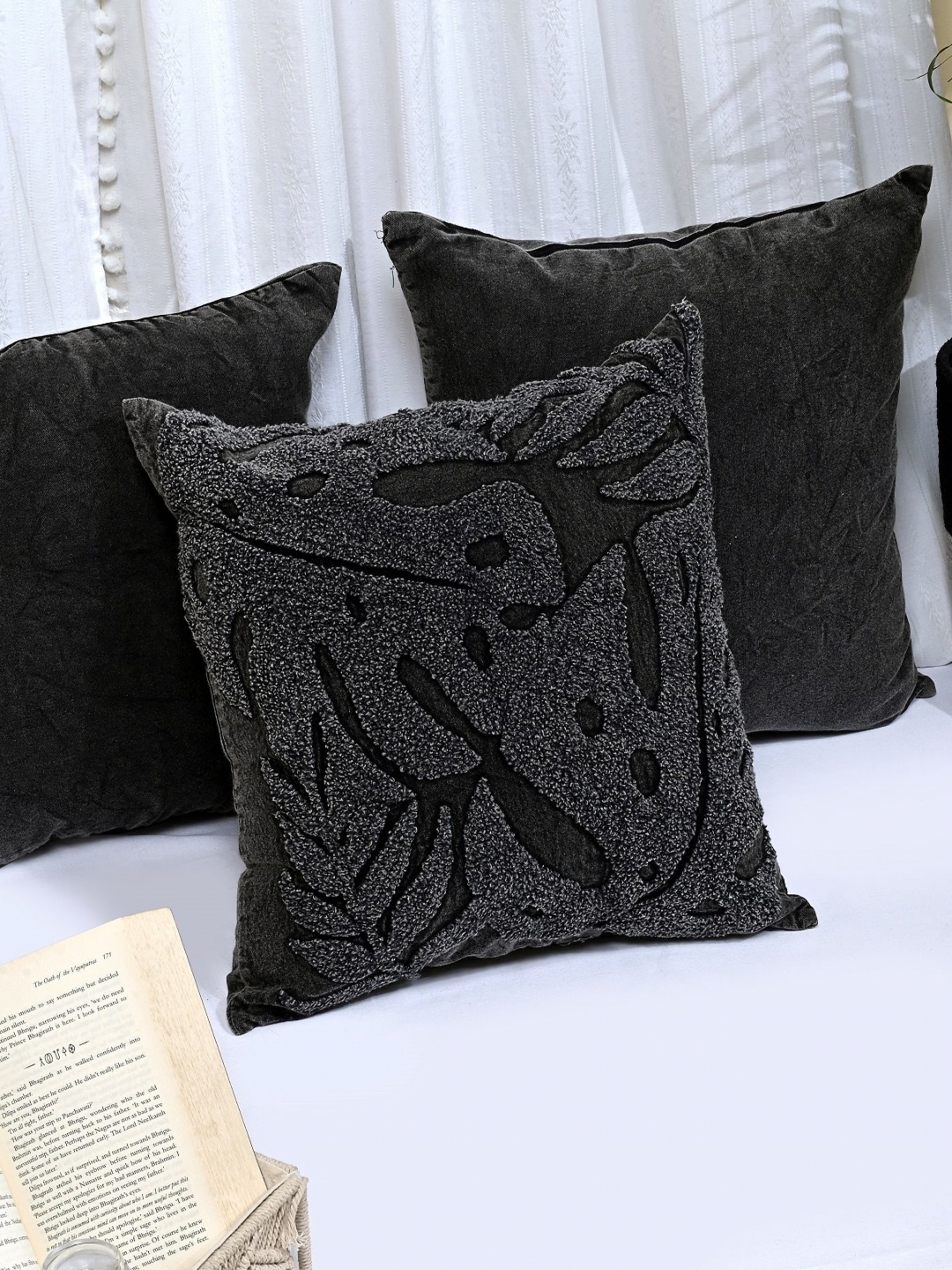 

ANWYN Black 3 Pieces Abstract Cotton Square Cushion Covers