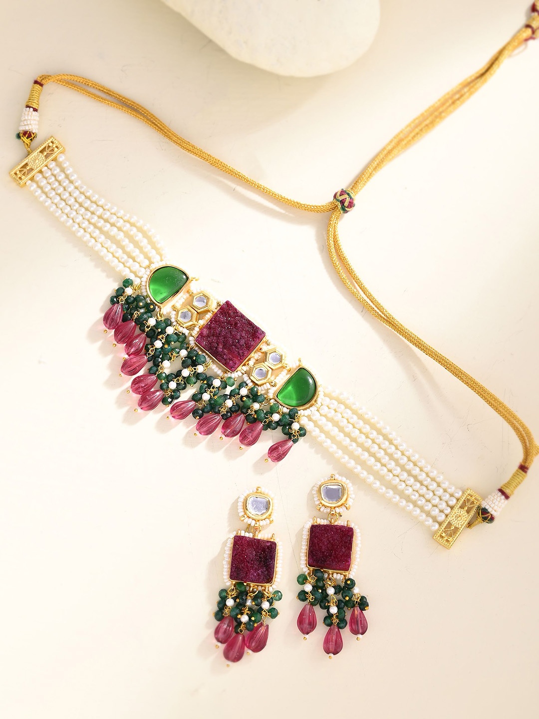 

DASTOOR Gold-Plated Stone-Studded & Beaded Necklace and Earrings