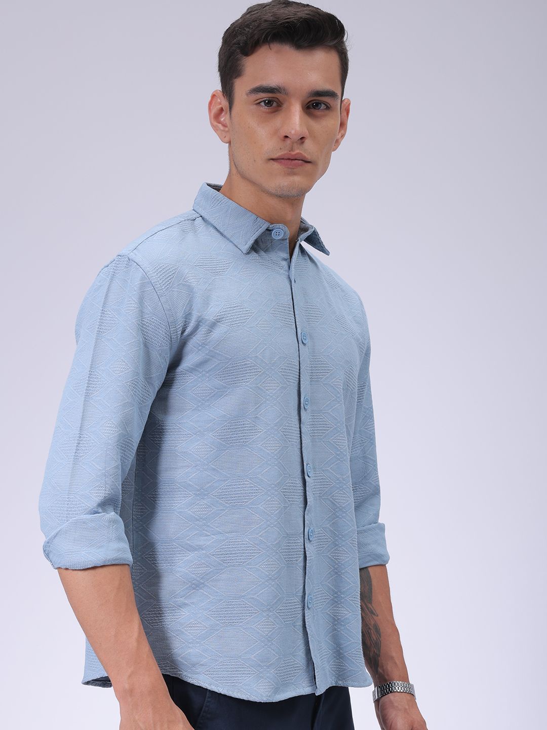 

The Indian Garage Co Men Relaxed Fit Dobby Textured Resortwear Shirt, Blue