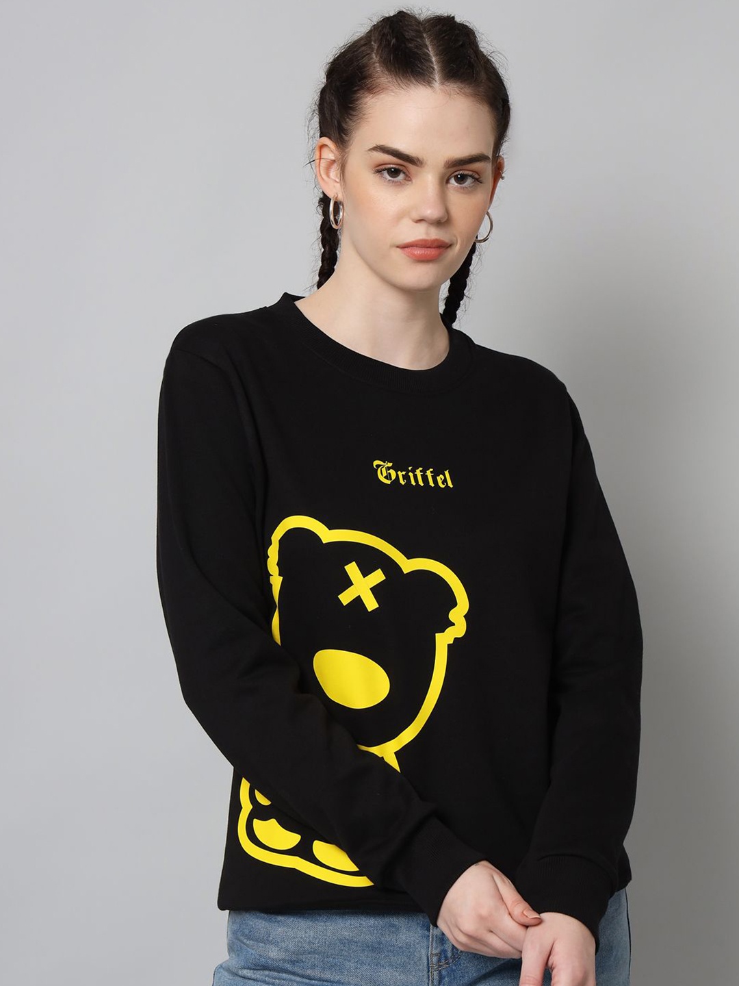 

GRIFFEL Women Graphic Printed Round Neck Sweatshirt, Black