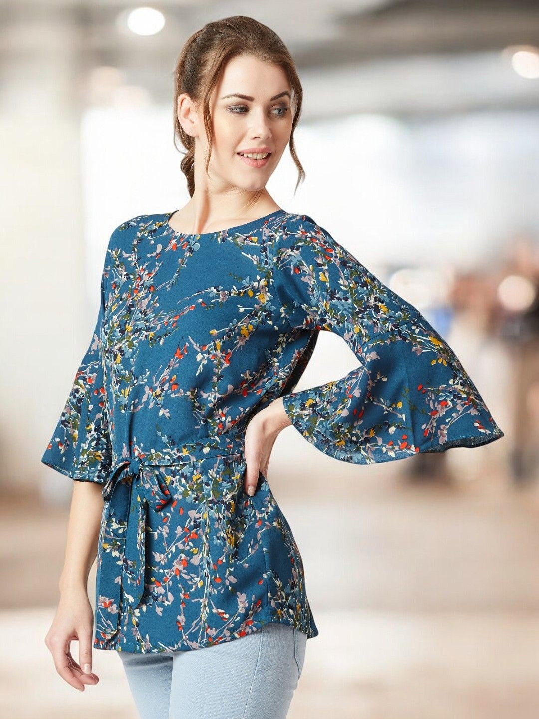 

all about you Women Boat Neck Floral Ruffled Long Belted Tie-Up Top, Teal
