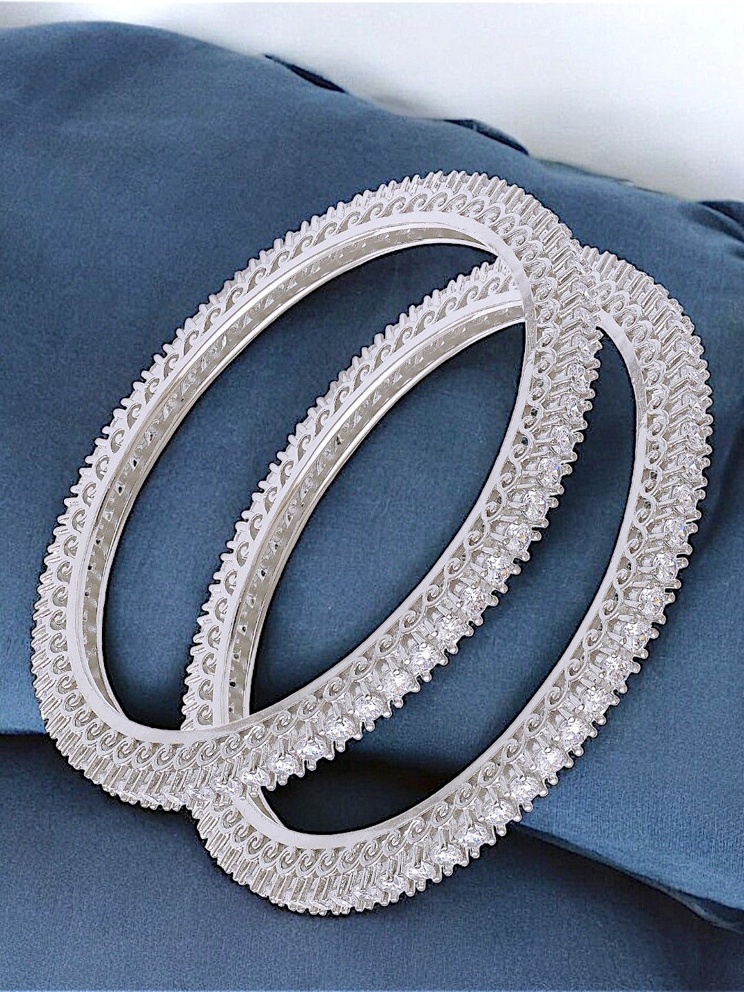 

Taraash Set of 2 925 Sterling Silver Rhodium Plated Cubic Zirconia Studded Bangles