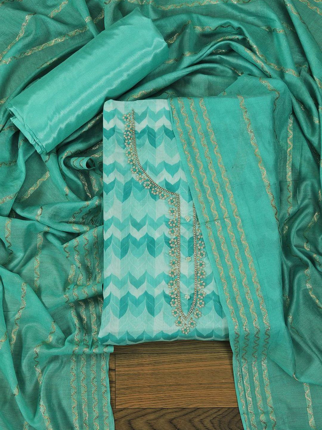 

Jaipur Kurti Unstitched Floral Printed Beads and Stones Dress Material with Dupatta, Green