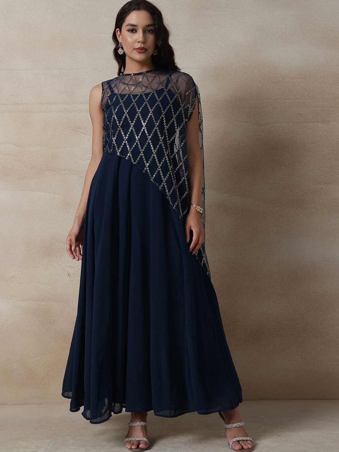 

INDYA Flared Jumpsuit With Sequin Embroidered Cape, Blue