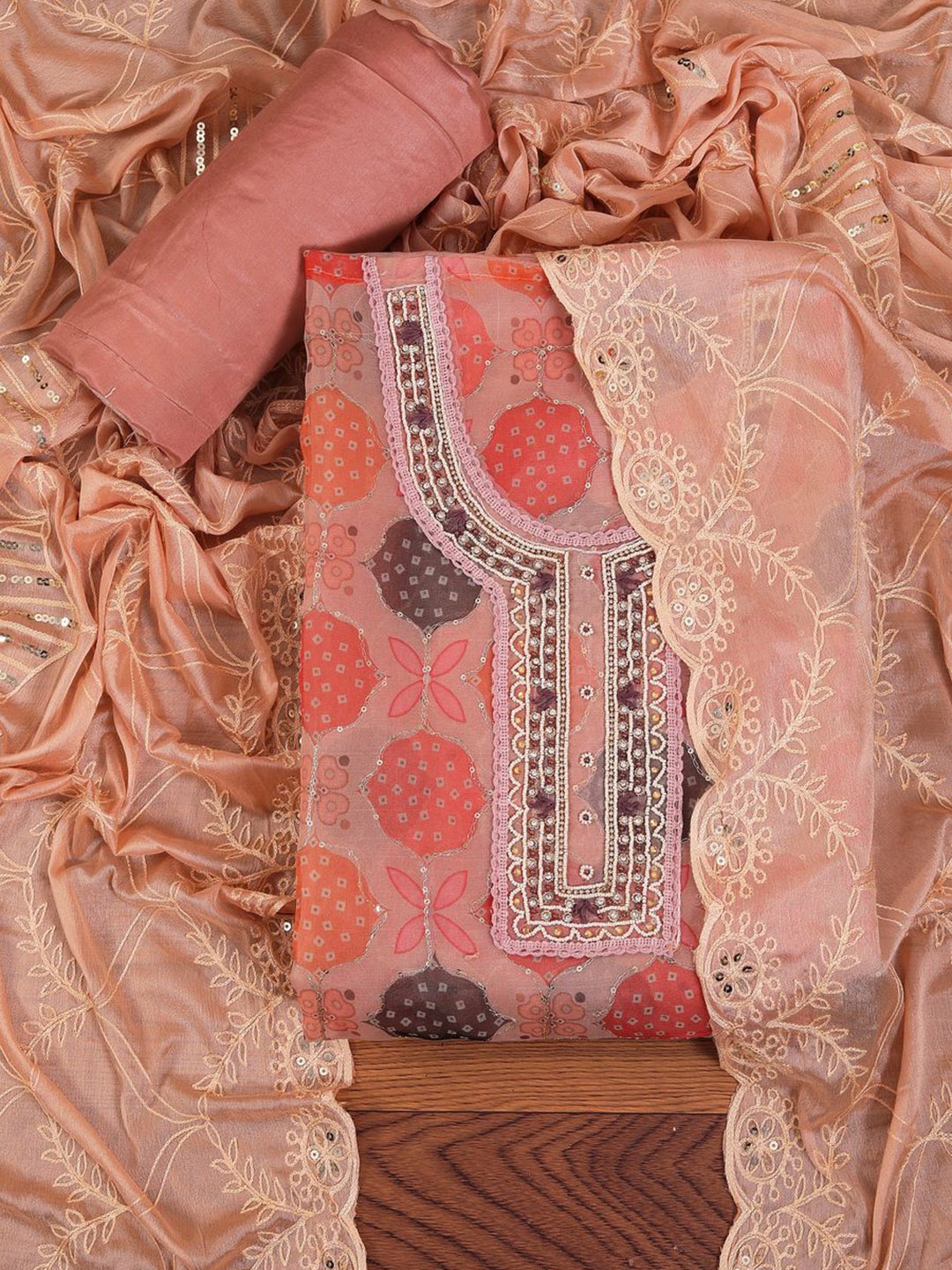 

Jaipur Kurti Unstitched Embellished Organza Dress Material With Dupatta, Peach