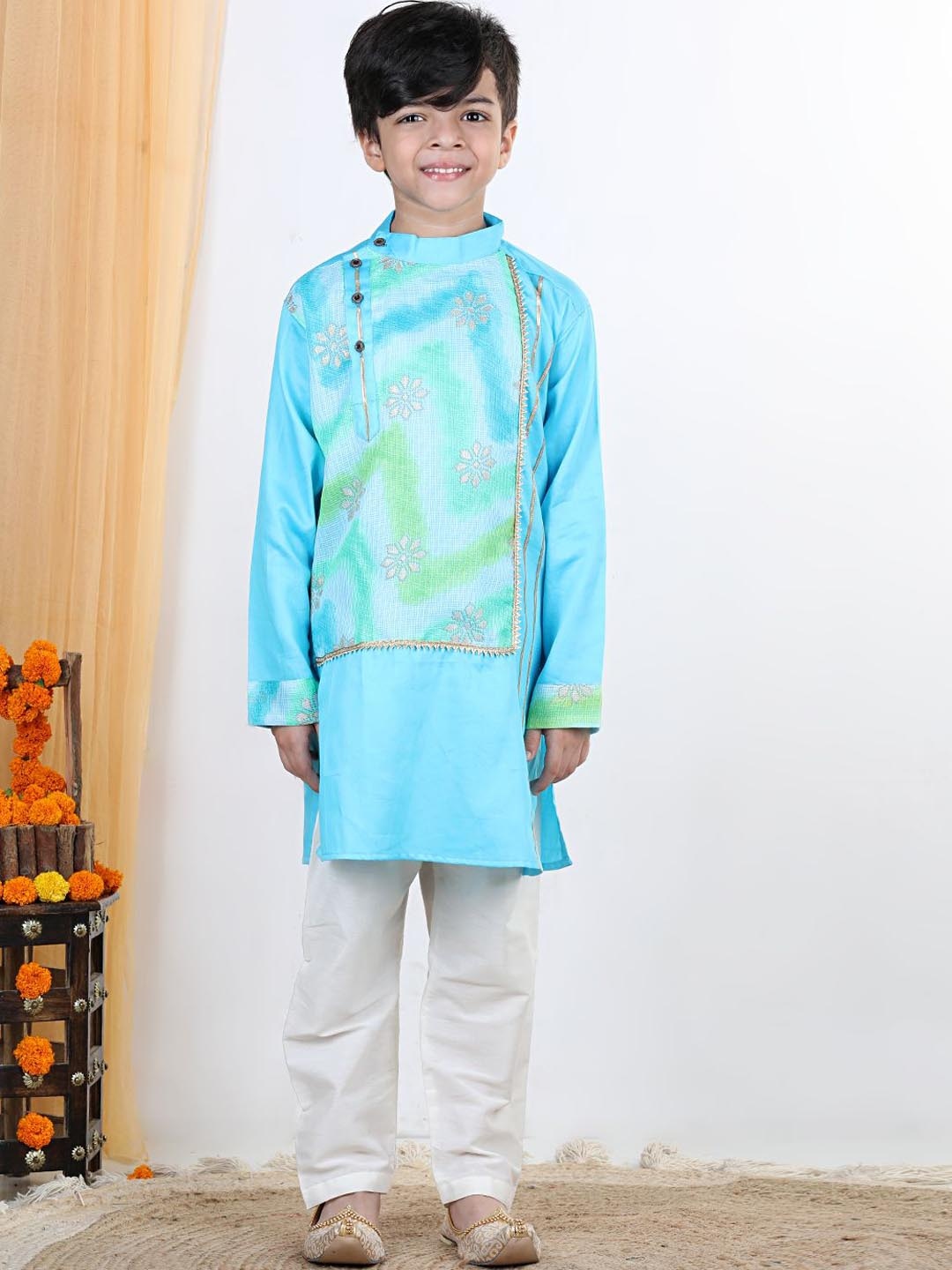 

Here&Now X Kinder Kids Boys Long Sleeves Regular Pure Cotton Kurta With Trouser, Blue