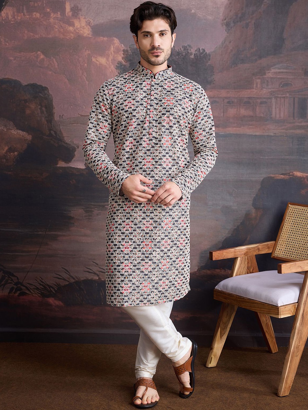 

House of Pataudi Ethnic Motifs Printed Mandarin Collar Chikankari Work Kurta With Churidar, Maroon