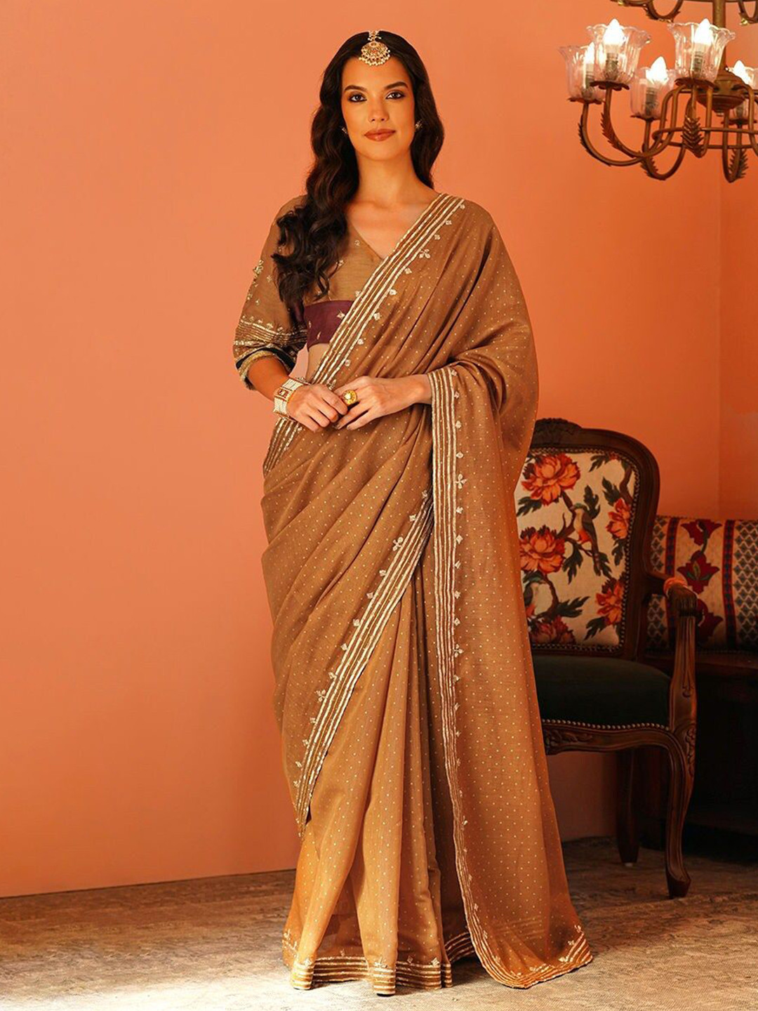 

JAYPORE Floral Gotta Patti Silk Cotton Saree, Brown