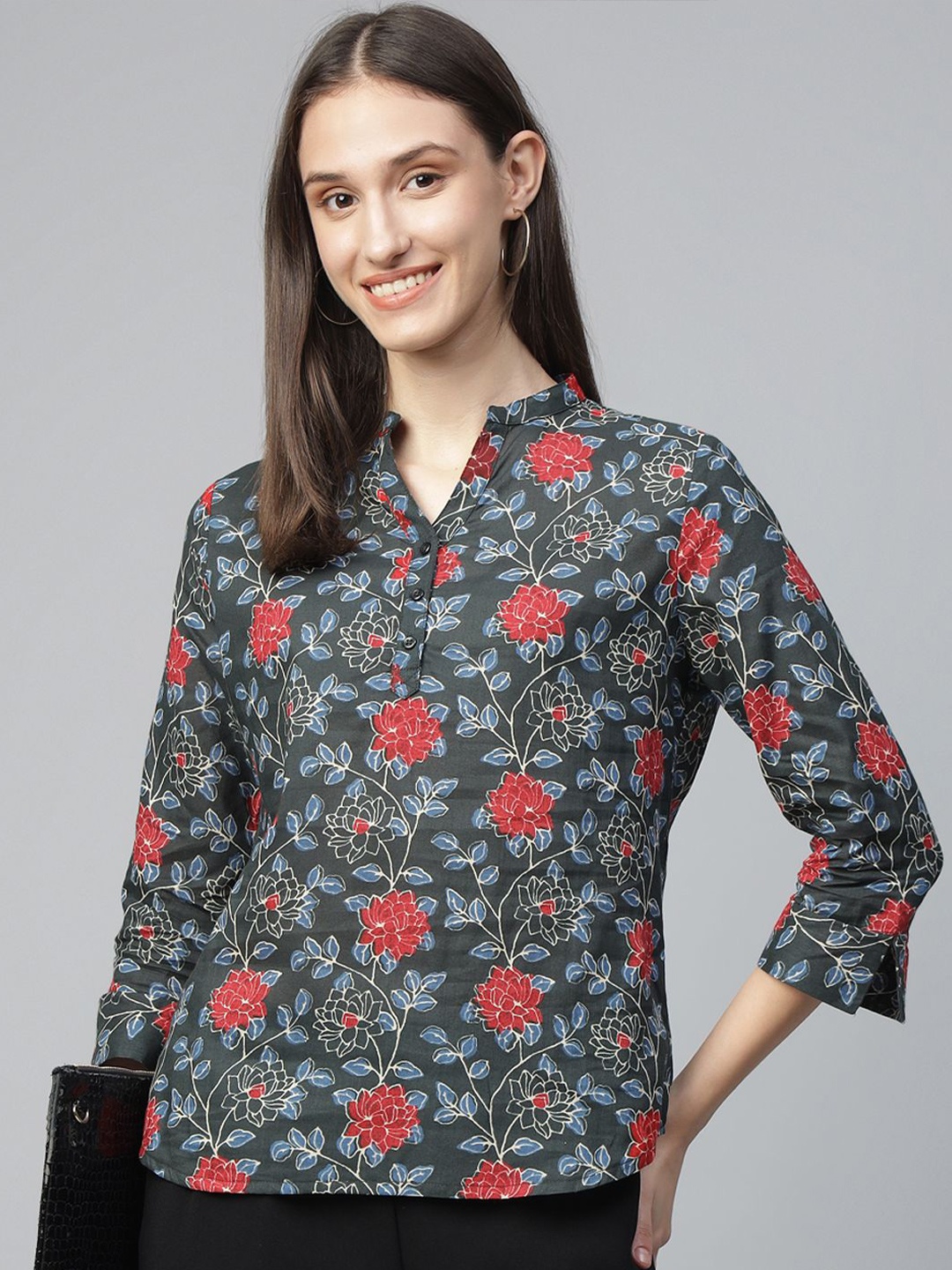 

Hancock Women Floral Printed Mandarin Collar Pure Cotton Formal Top, Green