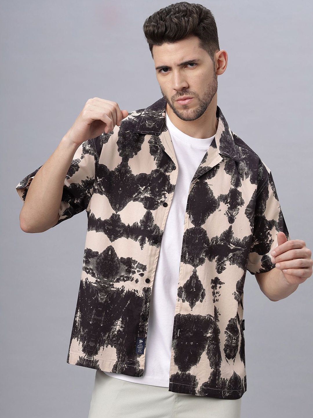 

The Roadster Lifestyle Co. Men Relaxed Cuban Collar Abstract Printed Cotton Casual Shirt, Beige