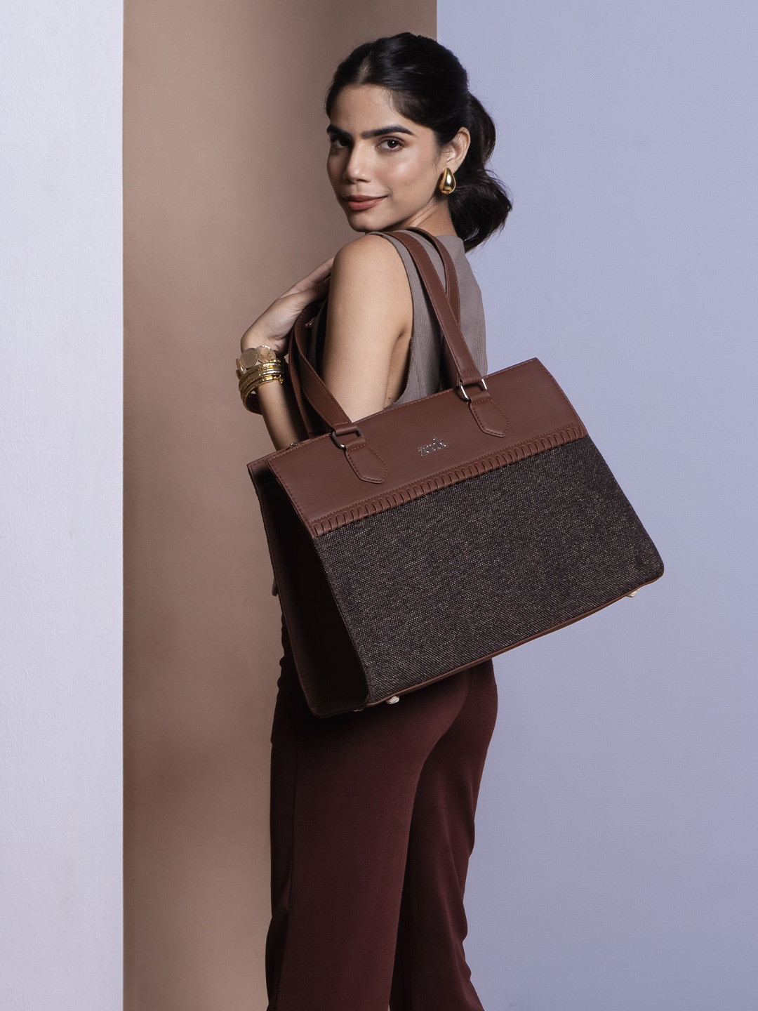 

ZOUK Women Texture Structured Shoulder Bag, Brown