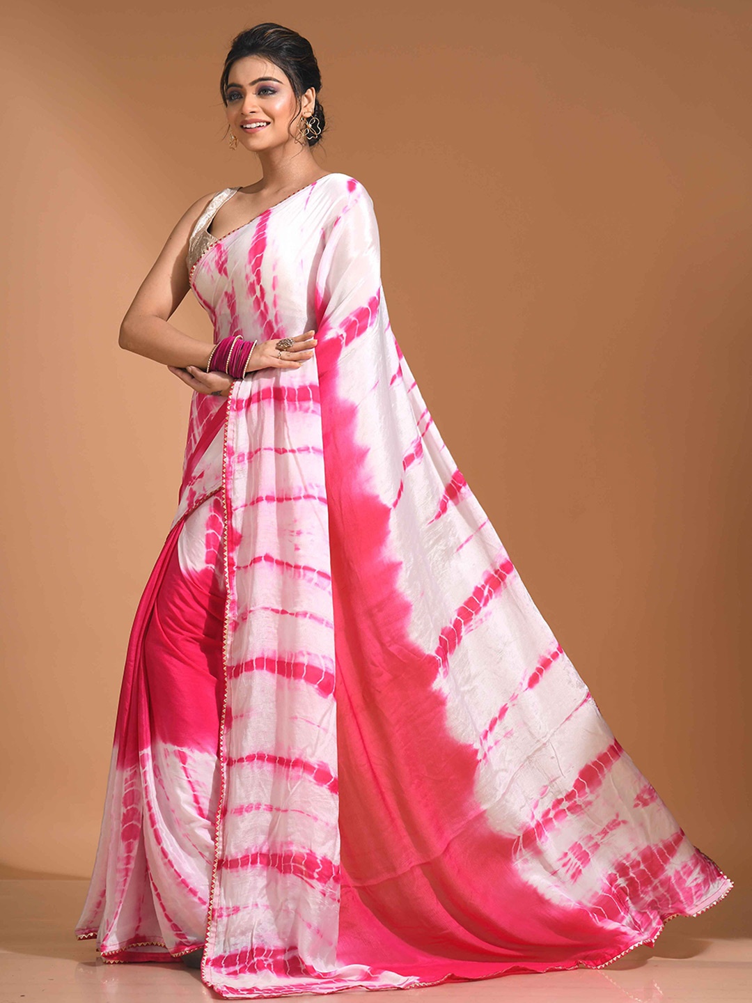 

Morchari Tie and Dye Pure Chiffon Saree, Pink