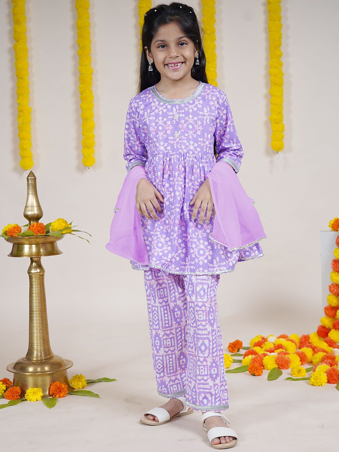 

KiddoPanti Girls Printed Gotta Patti Pure Cotton Anarkali Kurta with Sharara & Dupatta, Violet