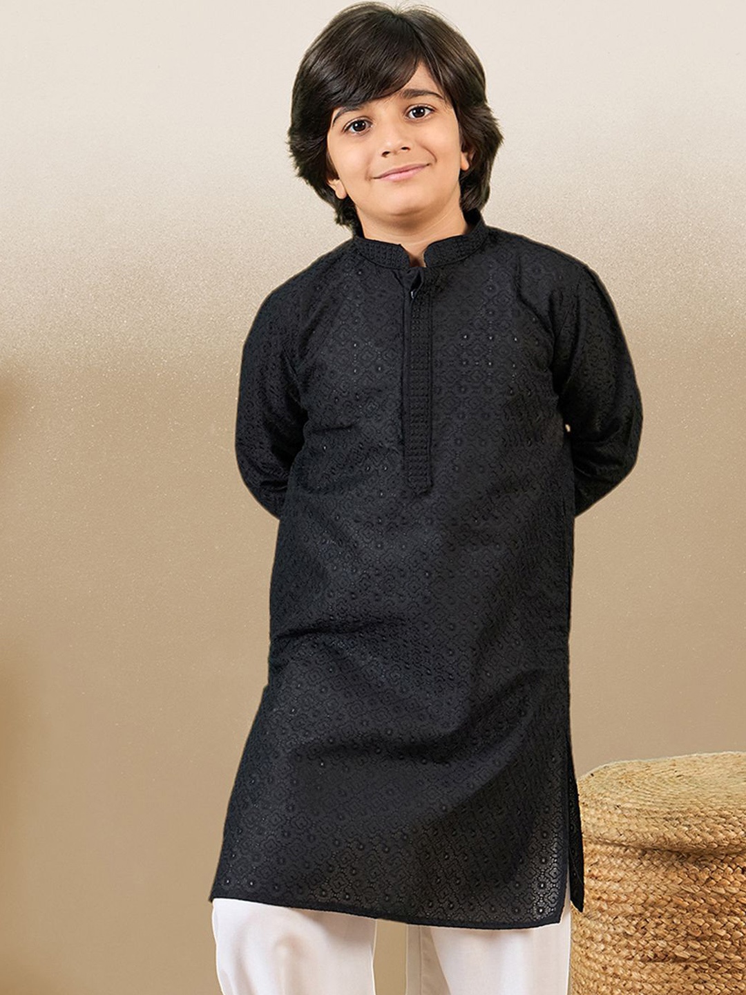 

YK Boys Cotton Embroidered Chikankari Kurta, Black