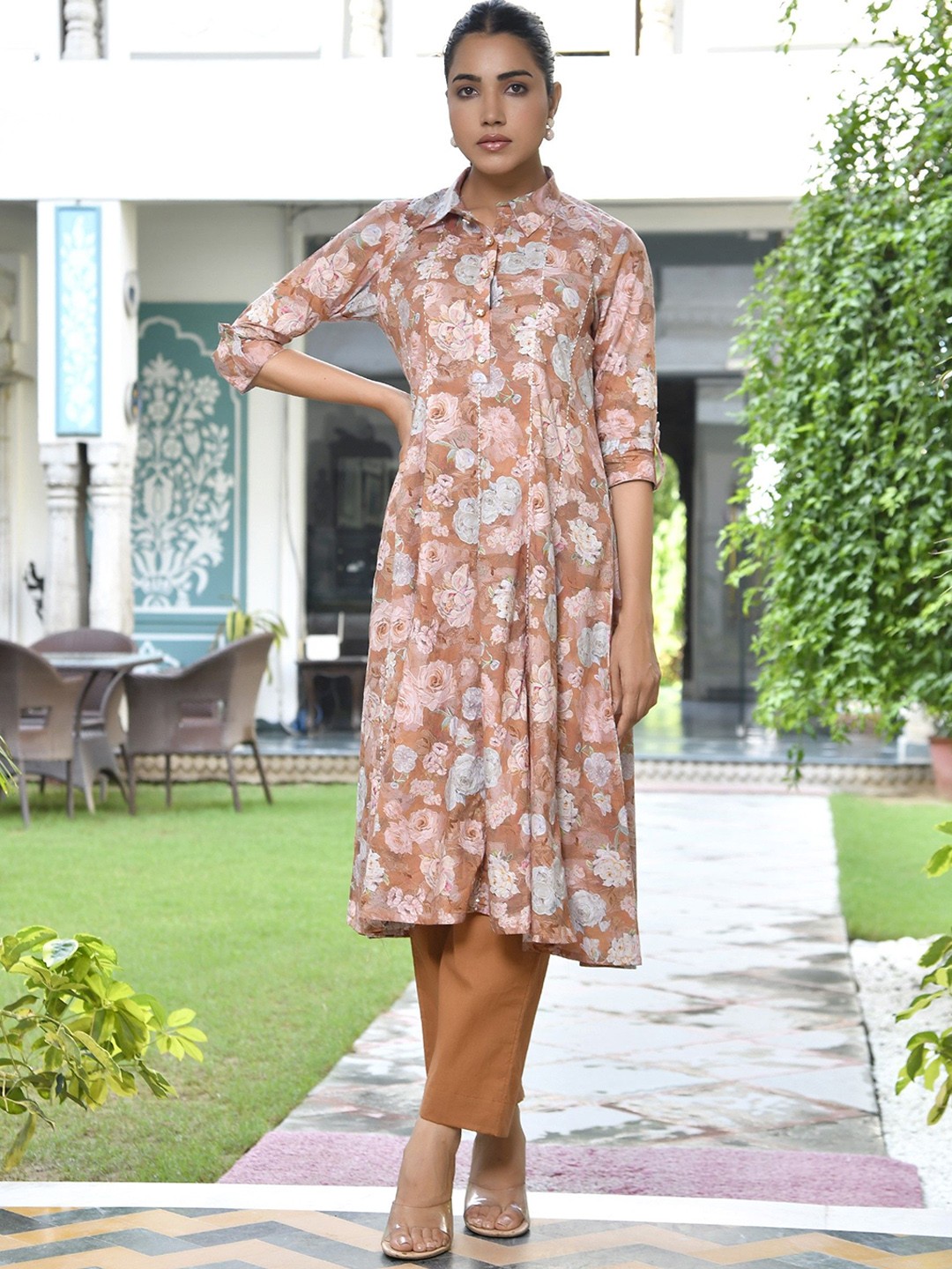 

VAASVA JAIPUR Floral Printed Shirt Collar Tunic With Trousers, Brown