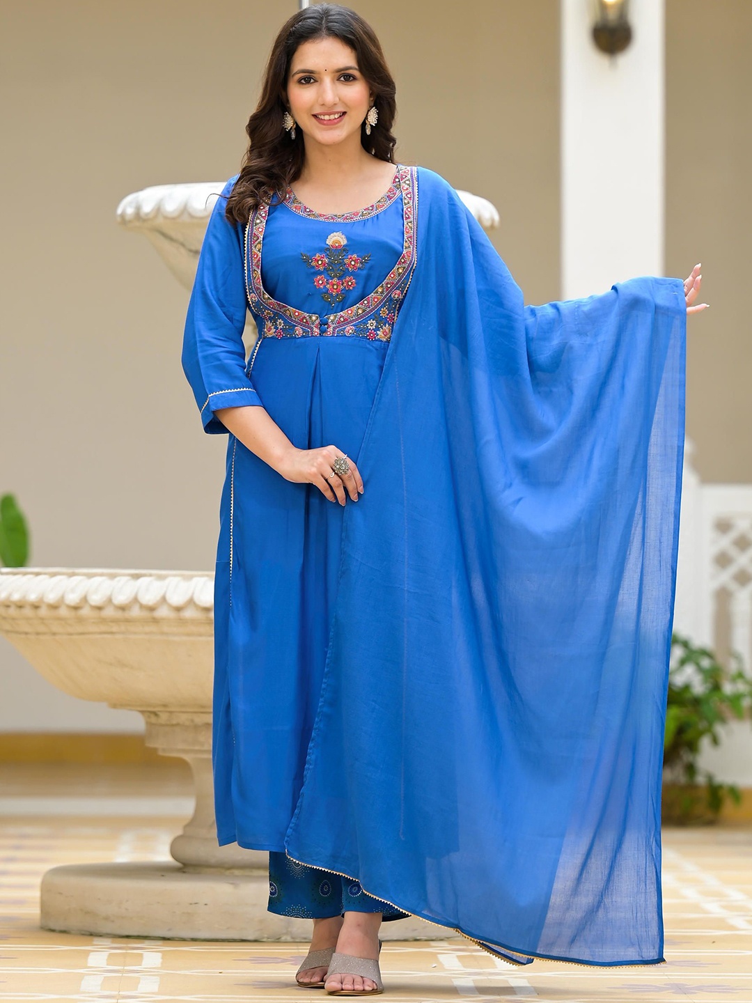 

Juniper Floral Embroidered Thread Work A Line Kurta with Trousers & Dupatta, Blue