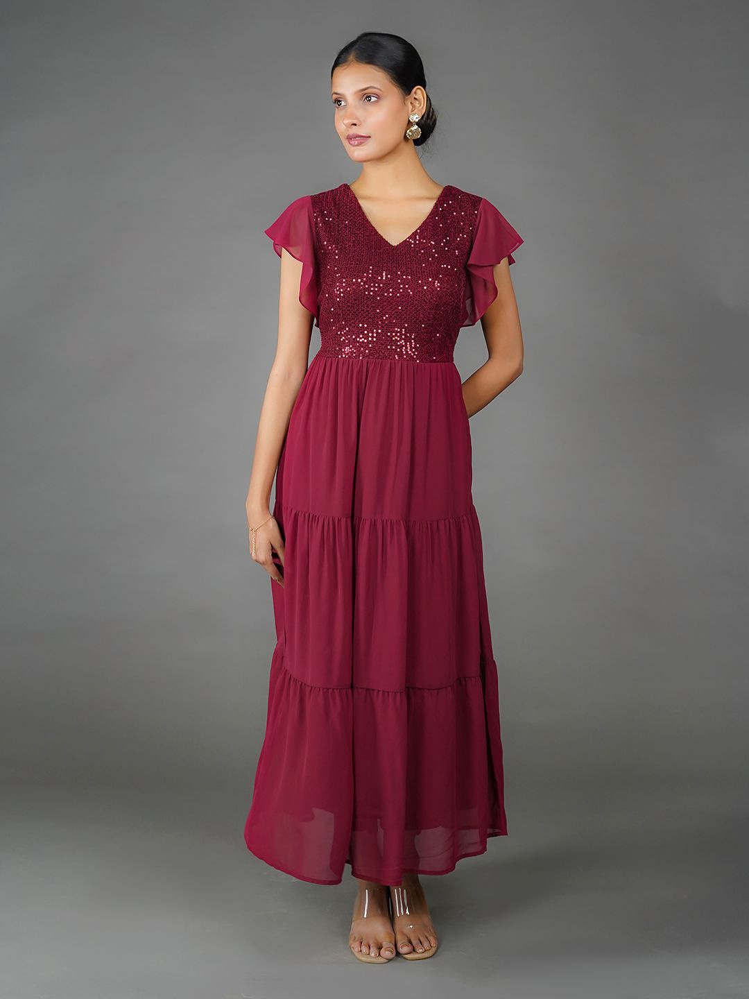 

Zink London Sequined Embellished Flutter Sleeve Tiered Maxi Dress, Maroon